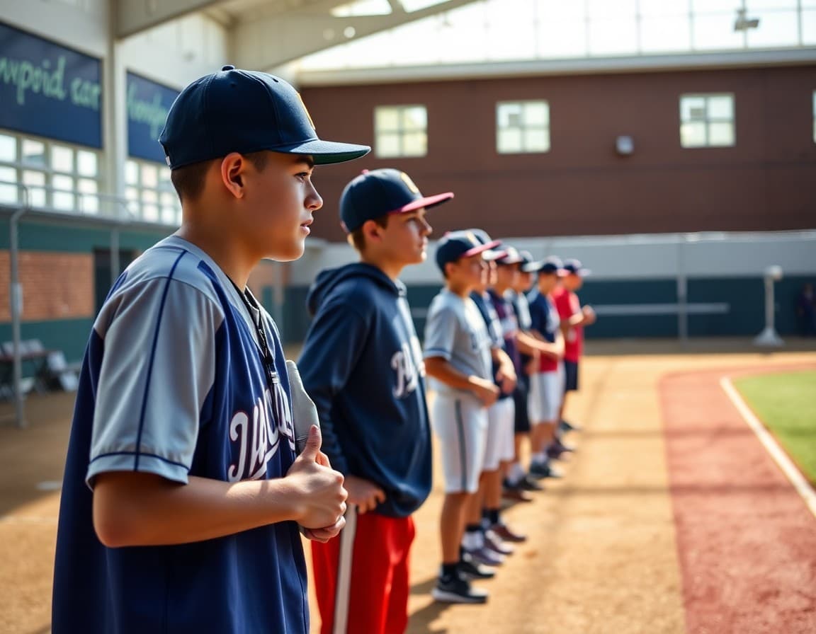 Baseball and track and field athletes warming up at spring season opening practice