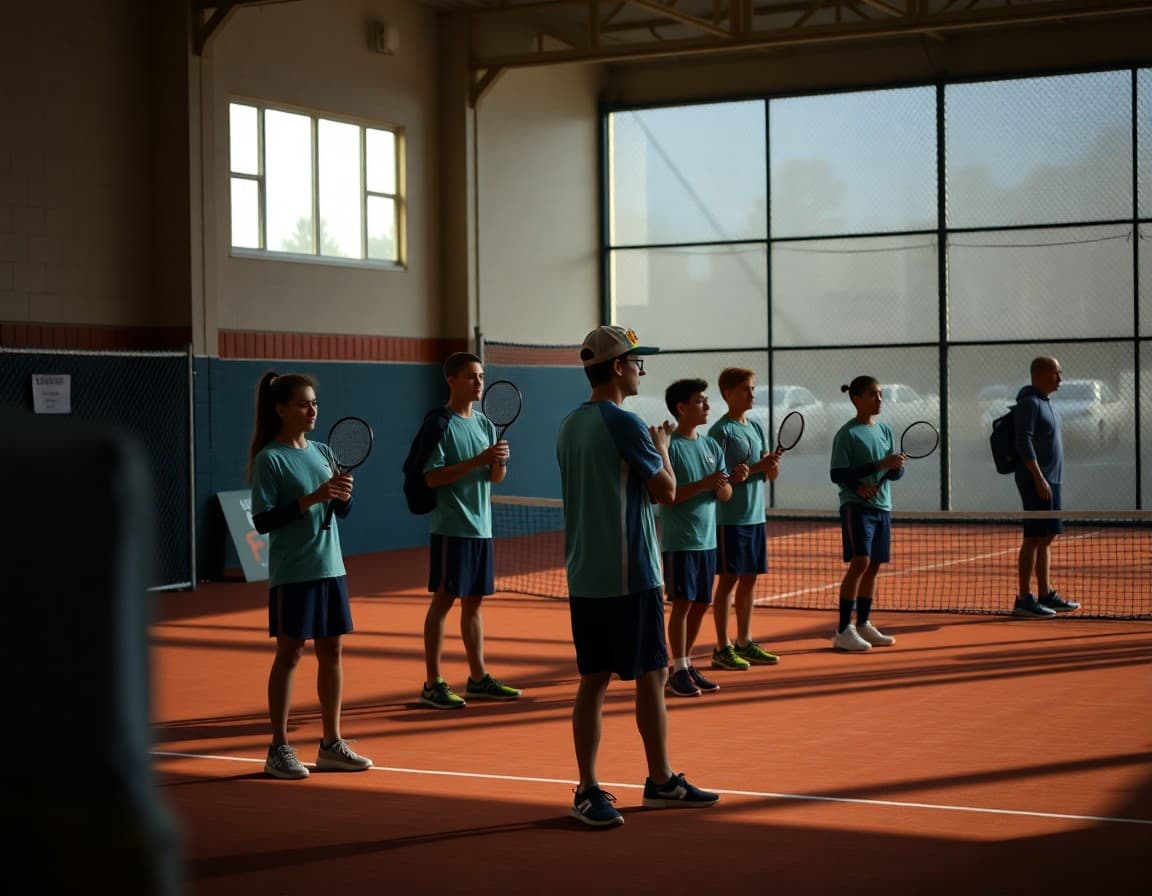 High school tennis players warming up before match with parents arriving at court facility