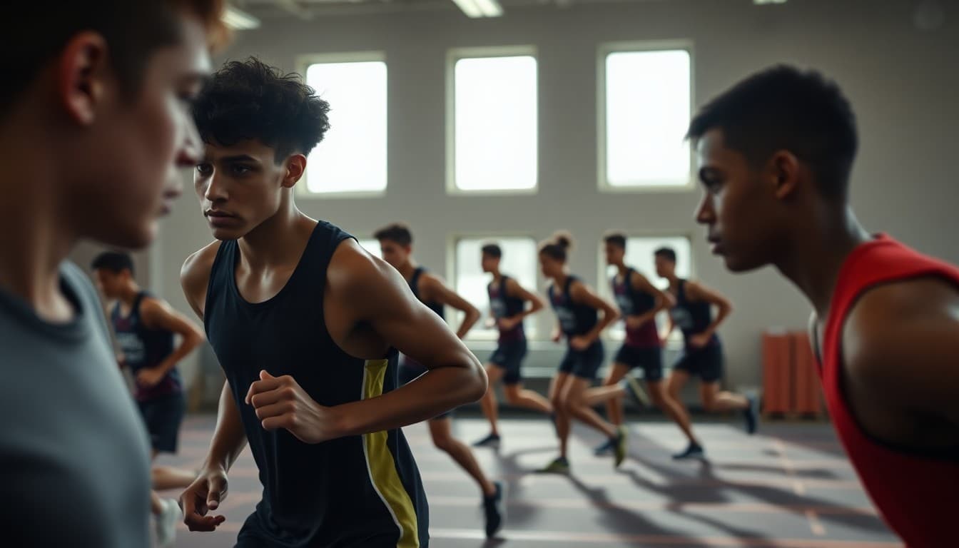 Track athletes in indoor training session in January preparing for spring season