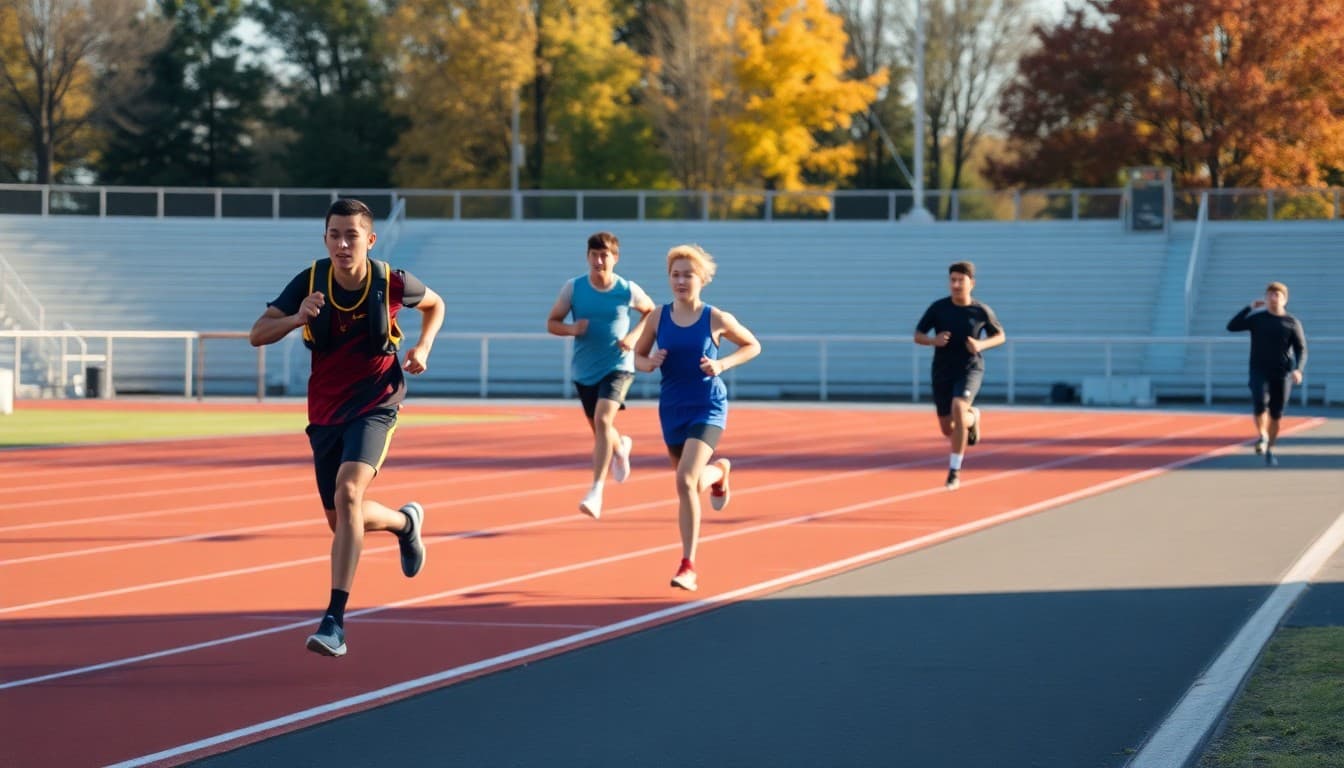 Track athletes completing final fall conditioning session at school track in October