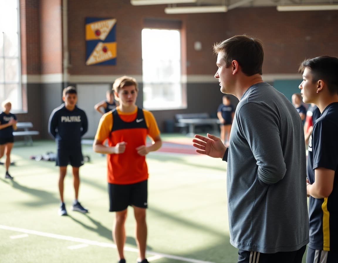 Track coach working with field event athletes on technique during fall conditioning