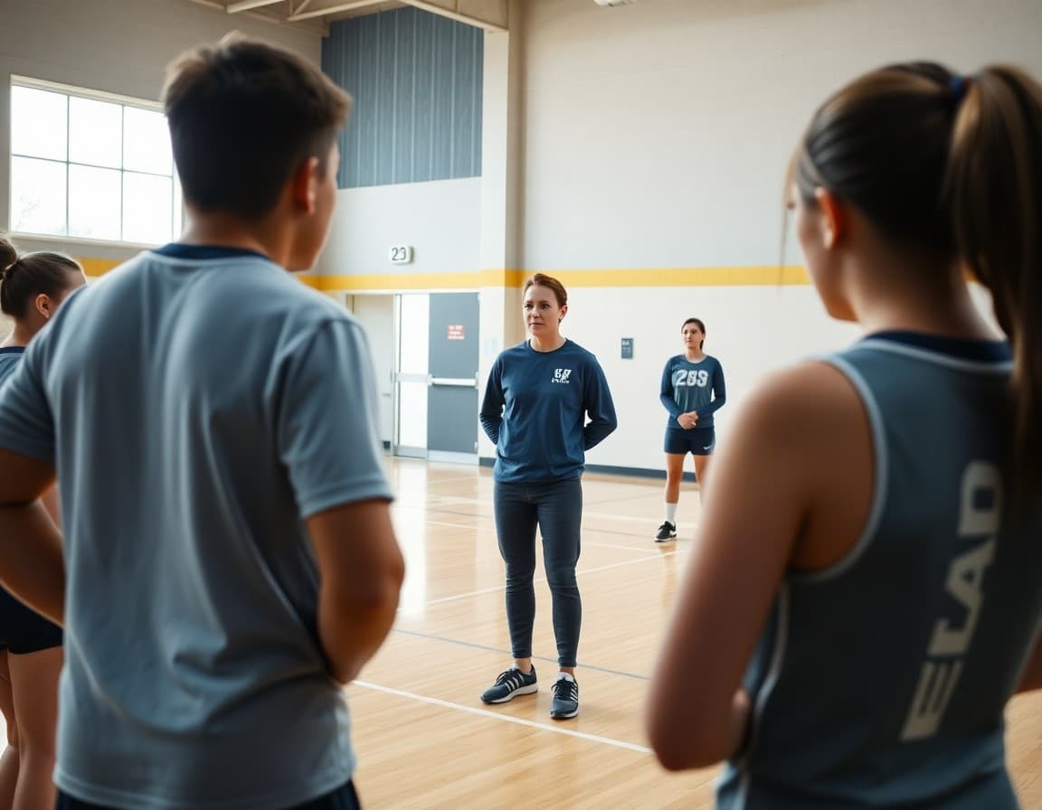 Volleyball coach reviewing rotation with players at early season practice