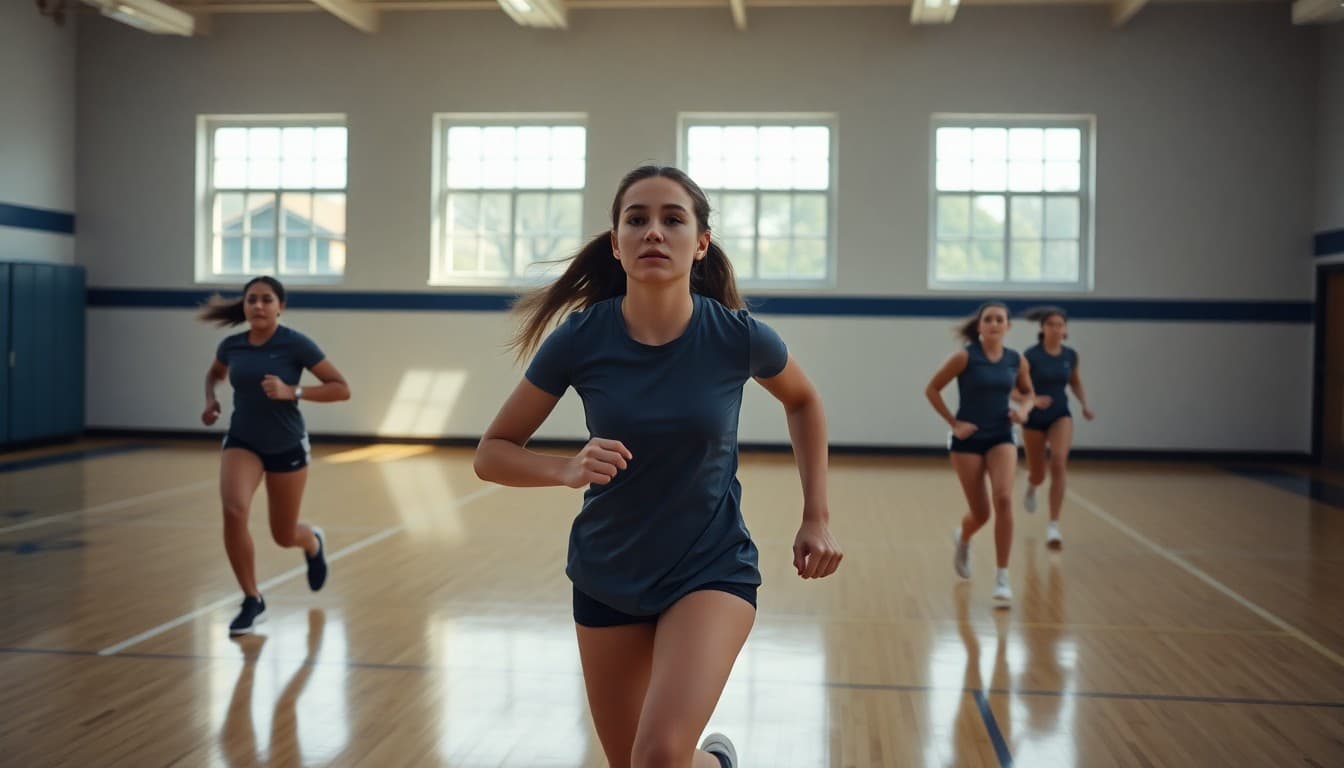 High school volleyball players running preseason drills in gymnasium in August
