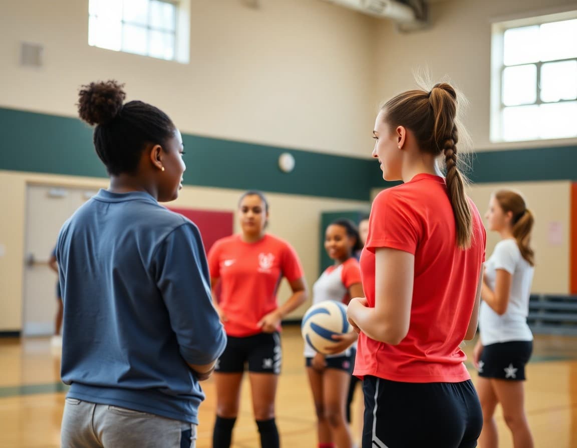 Volleyball coach reviewing drill techniques with players at spring open gym