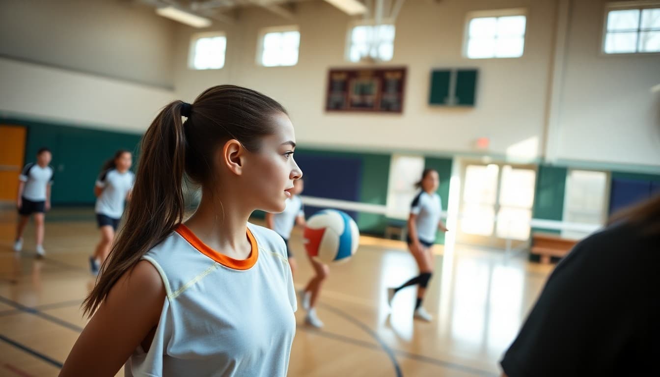 Volleyball players in a spring open gym session at a school gymnasium in March