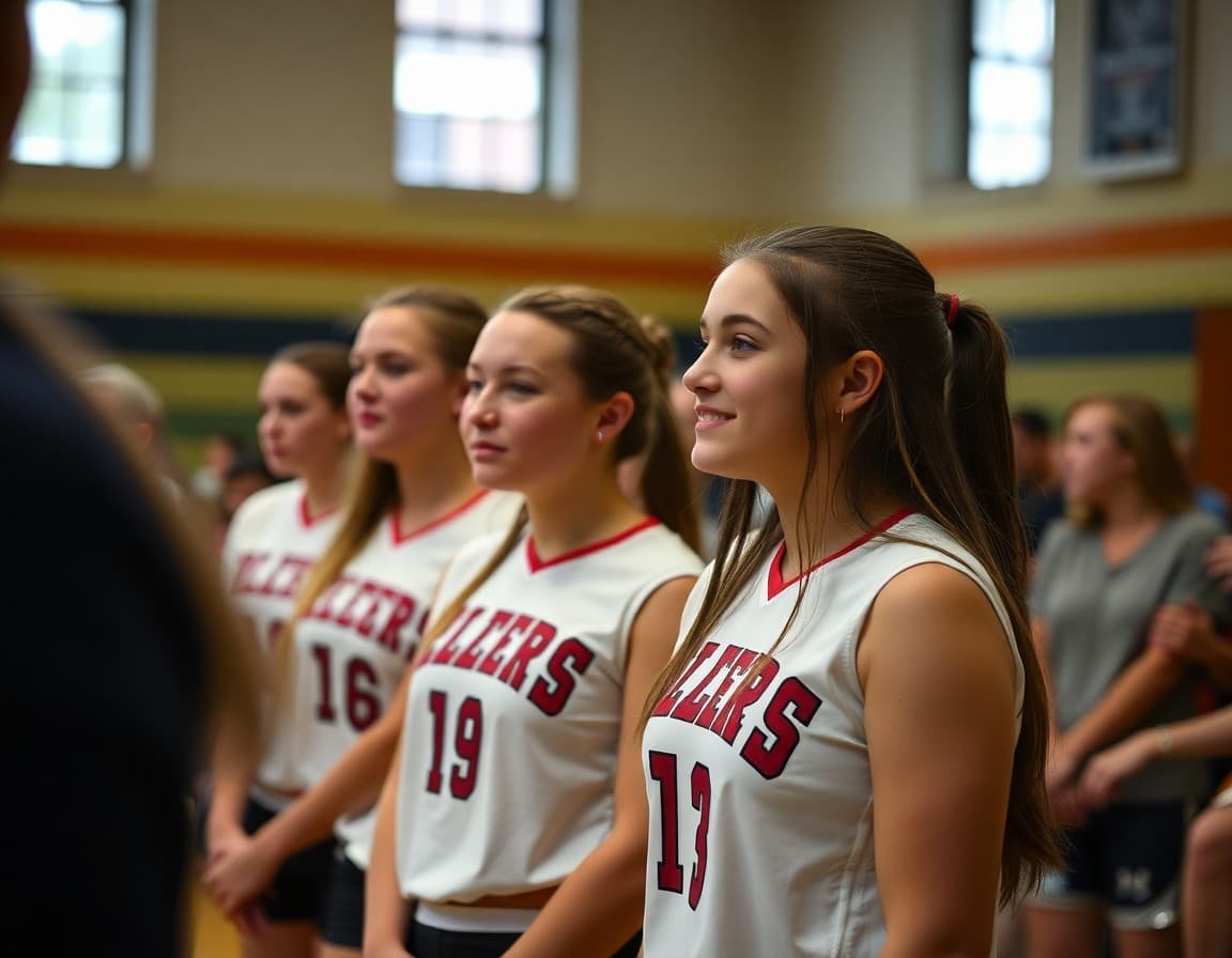 Senior volleyball players being recognized during a Senior Night ceremony