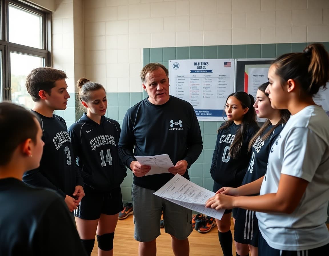 High school volleyball coach reviewing season match schedule with team before practice