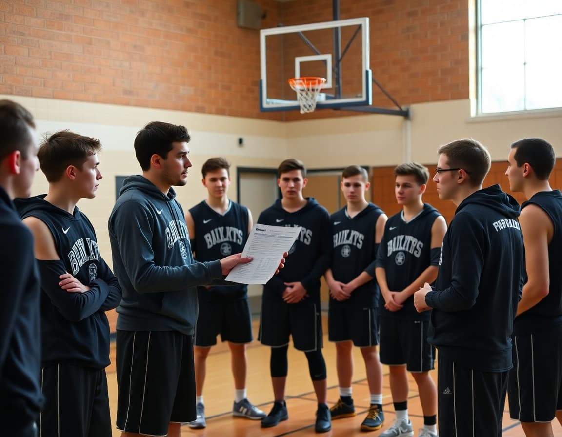 Basketball team at winter practice with coach distributing season schedule to players