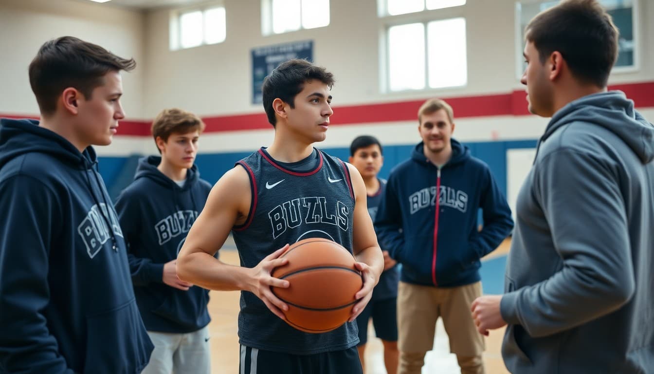 Winter sports athletes preparing for season at basketball and hockey practice with coach