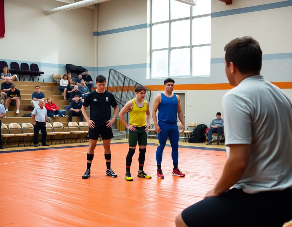 High school wrestlers practicing with coach at mat while parents observe from bleachers