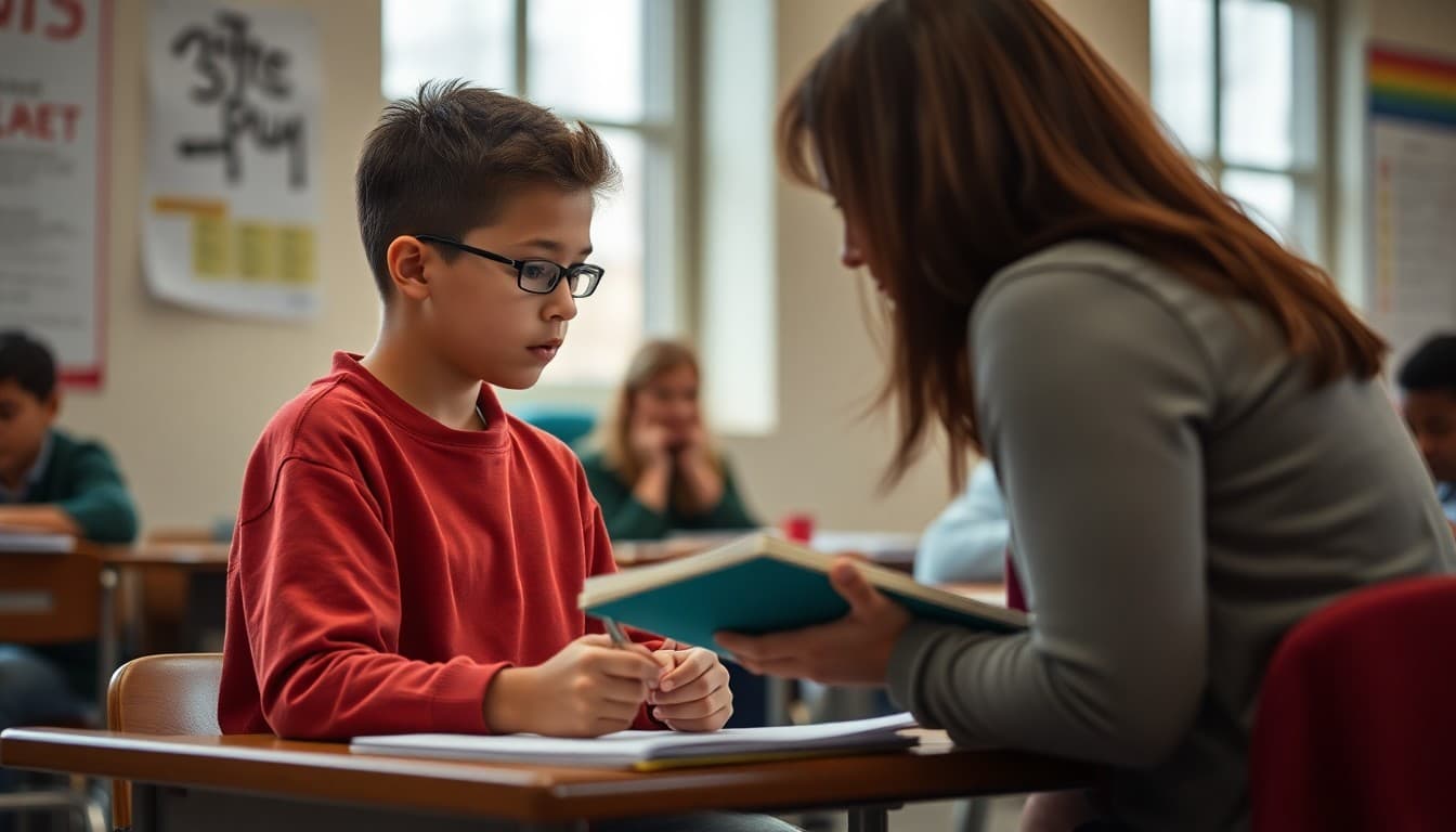 Student getting makeup work assignments from a teacher after returning from an absence