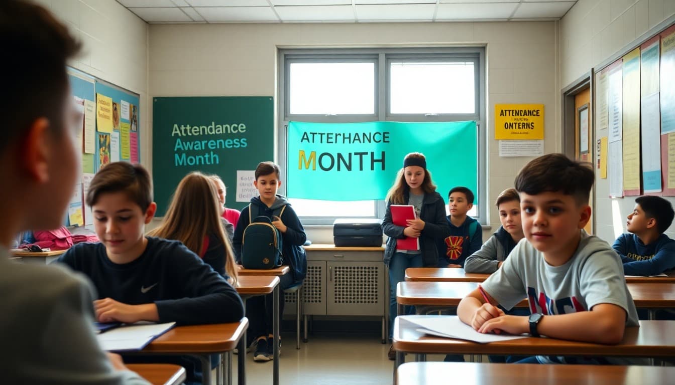 School promoting Attendance Awareness Month with student engagement activities and signage