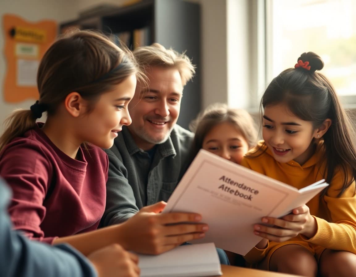 New school family reviewing attendance handbook at a school orientation session