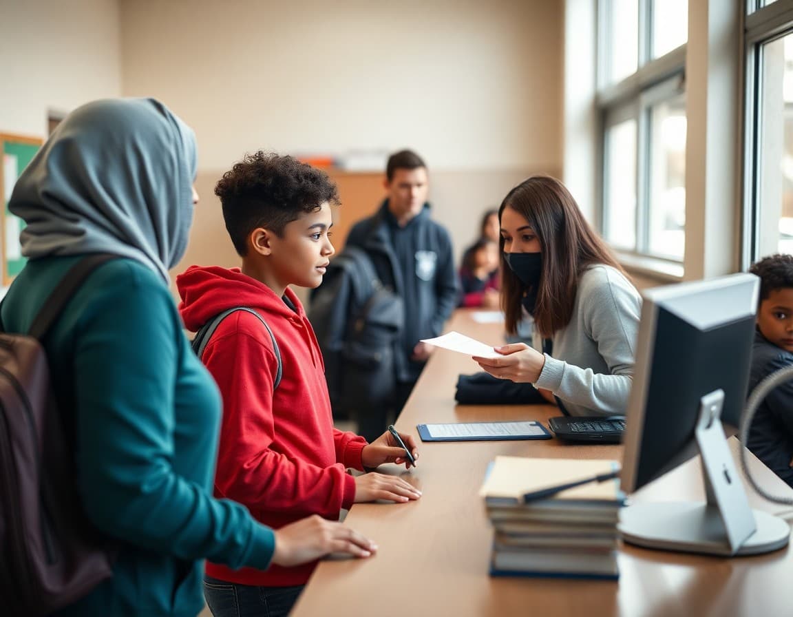 School secretary verifying identification for an early student pickup at the front desk