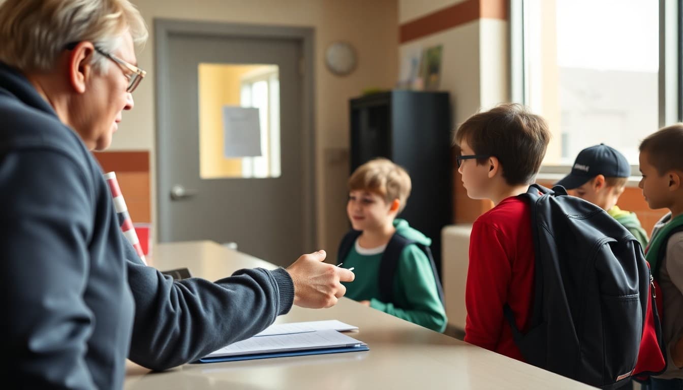 Parent signing out a student for early pickup at the school front office