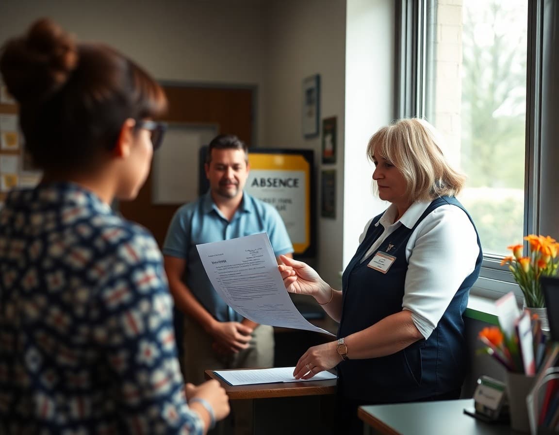School secretary explaining absence documentation requirements to a parent at the front office