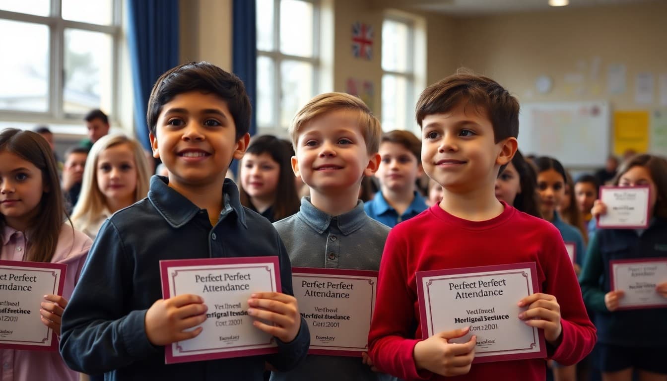 Students receiving perfect attendance awards at a school recognition assembly