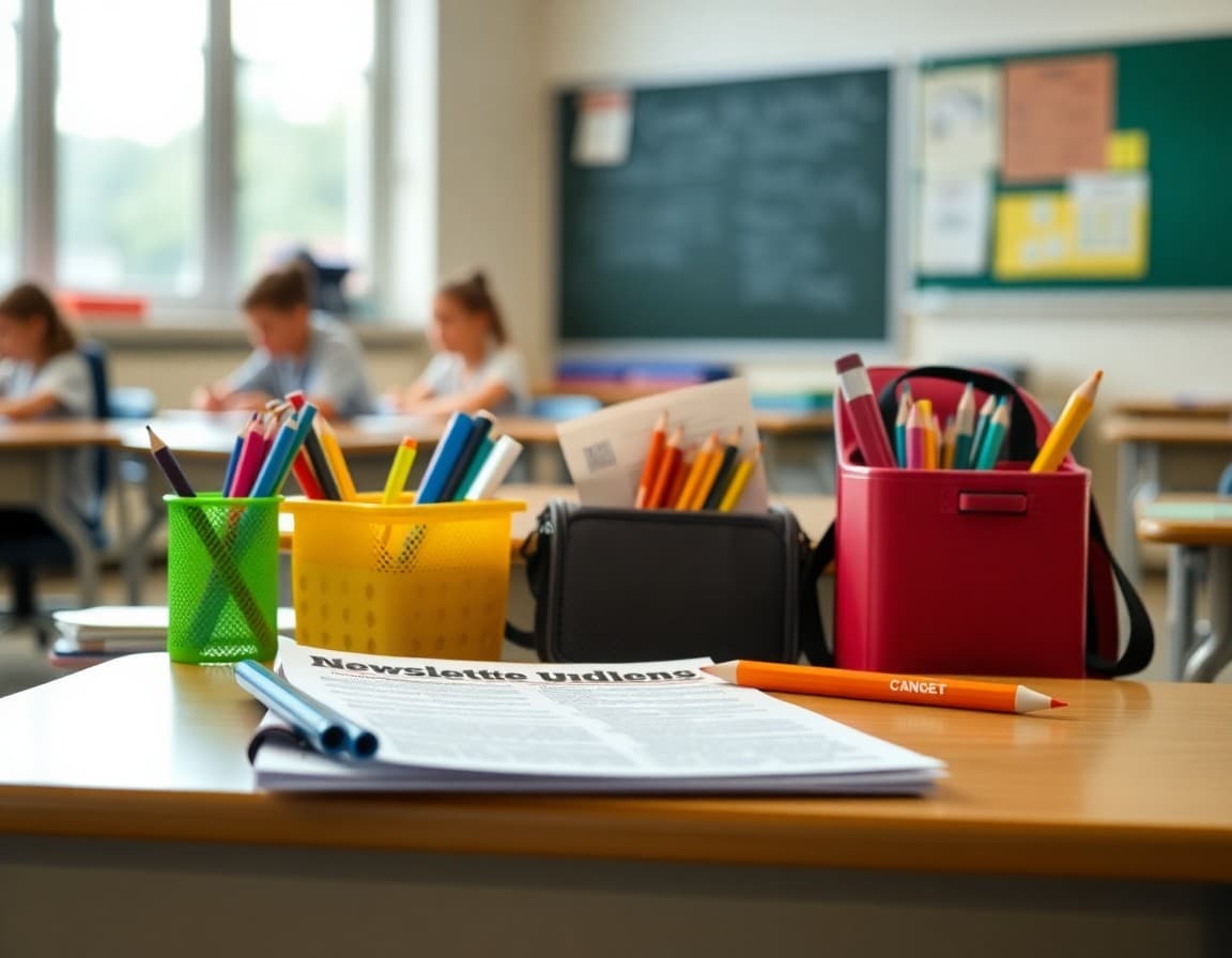 Back to school supplies and newsletter printed on desk ready for first week of school