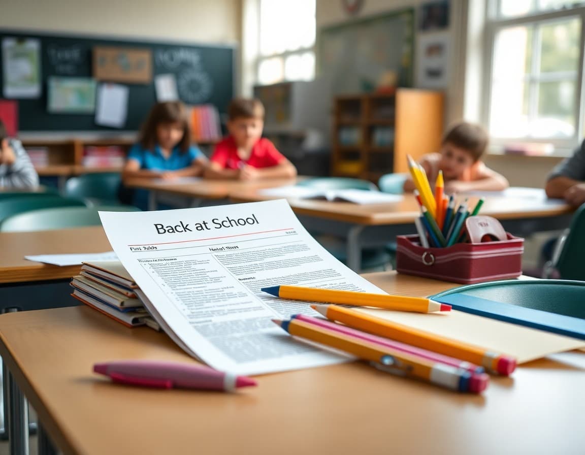 Back to school supplies and newsletter printed on desk ready for first week of school