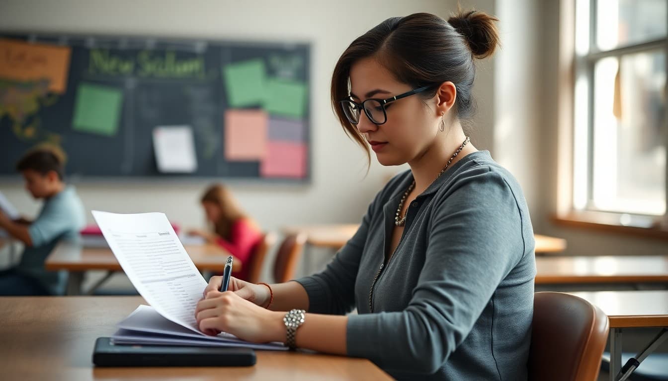 Alabama teacher preparing back to school newsletter at classroom desk before first day