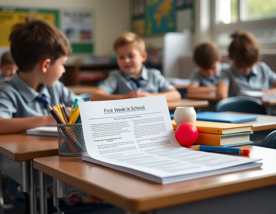 Back to school supplies and newsletter printed on desk ready for first week of school