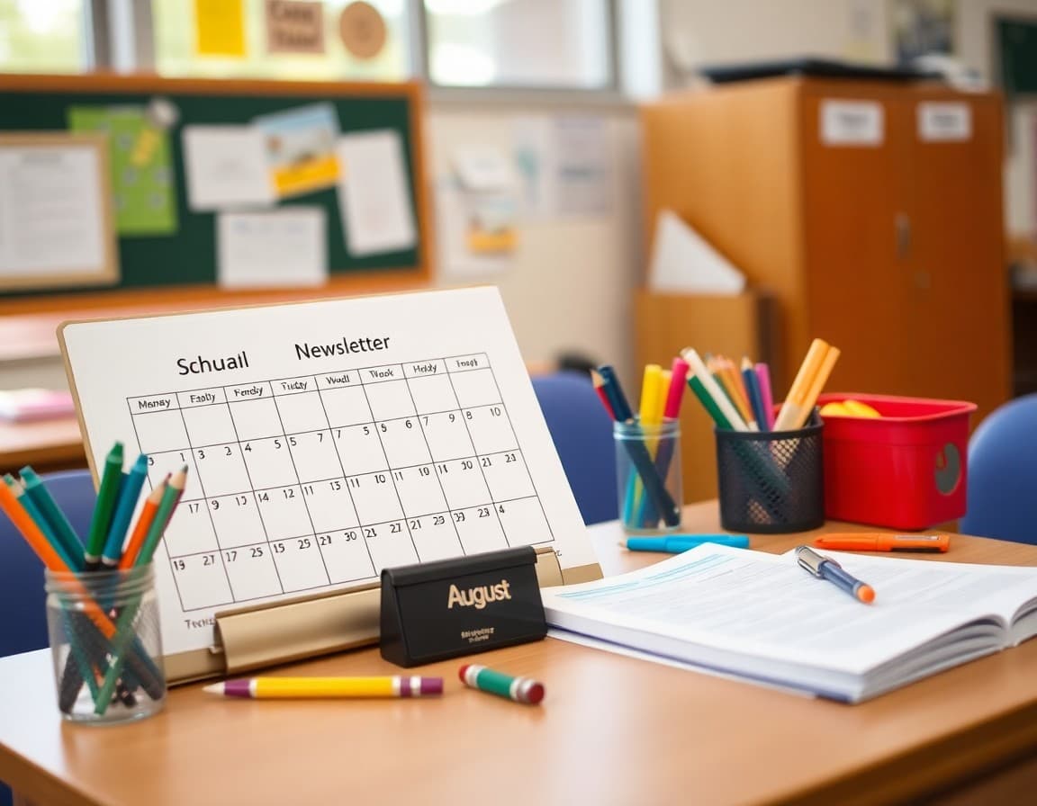August school calendar and newsletter planning notes on teacher desk with supplies