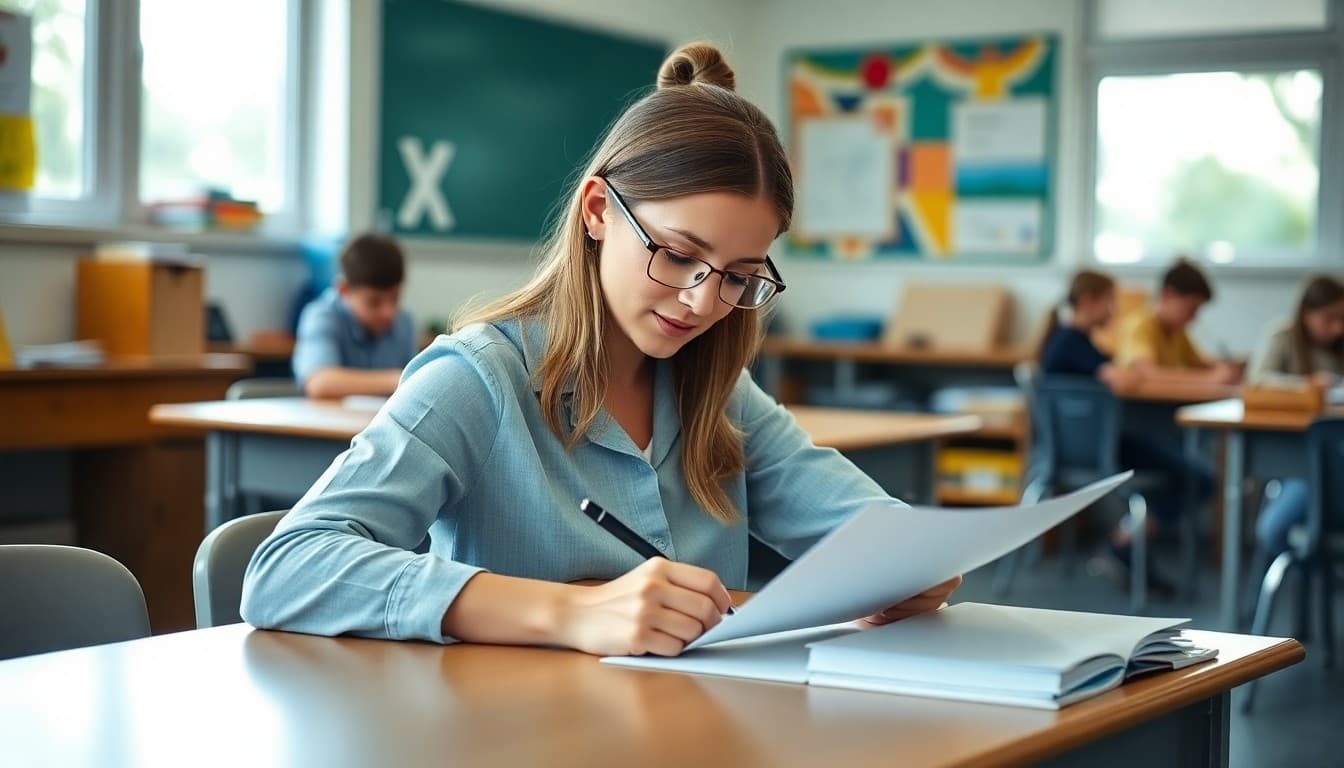Teacher writing August back to school newsletter at classroom desk in late summer