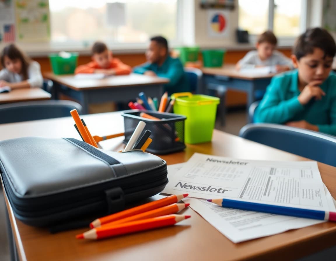 Back to school supplies and newsletter printed on desk ready for first week of school