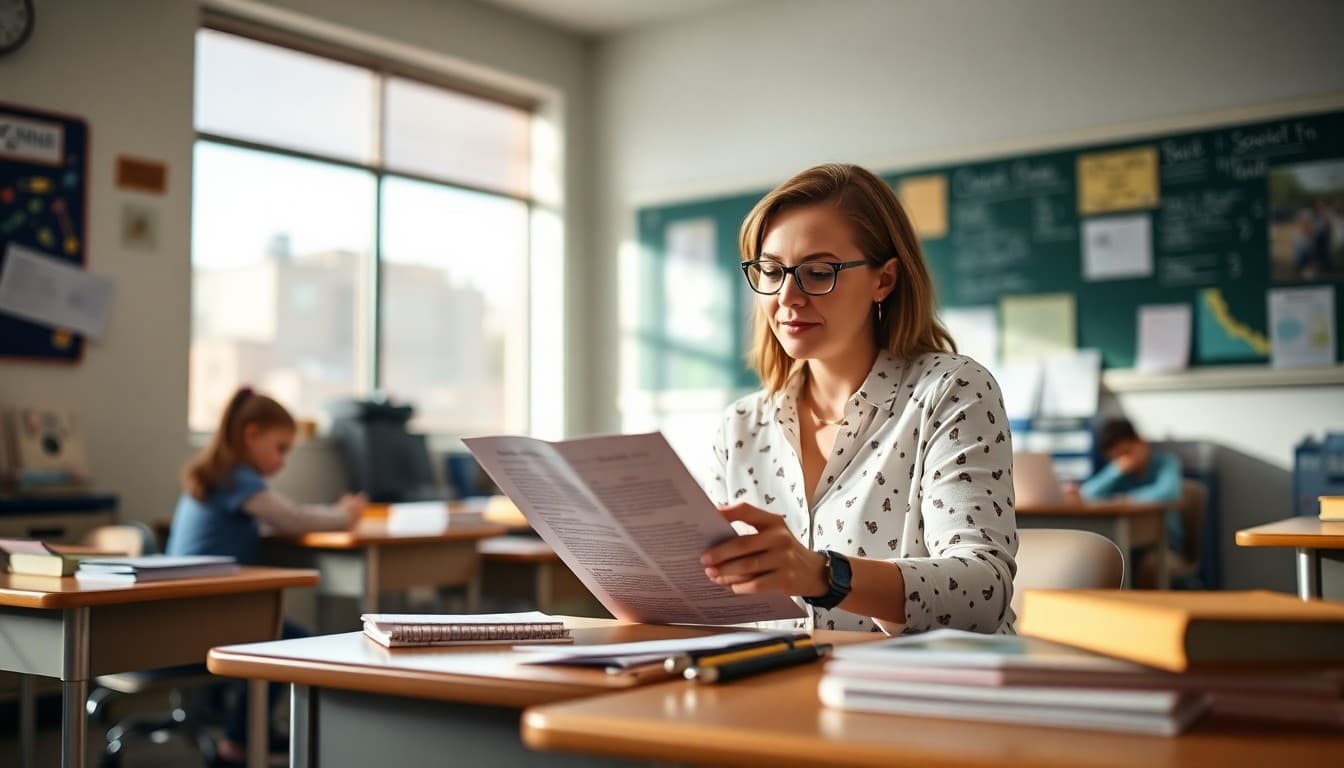 Arizona teacher preparing back to school newsletter at classroom desk before first day