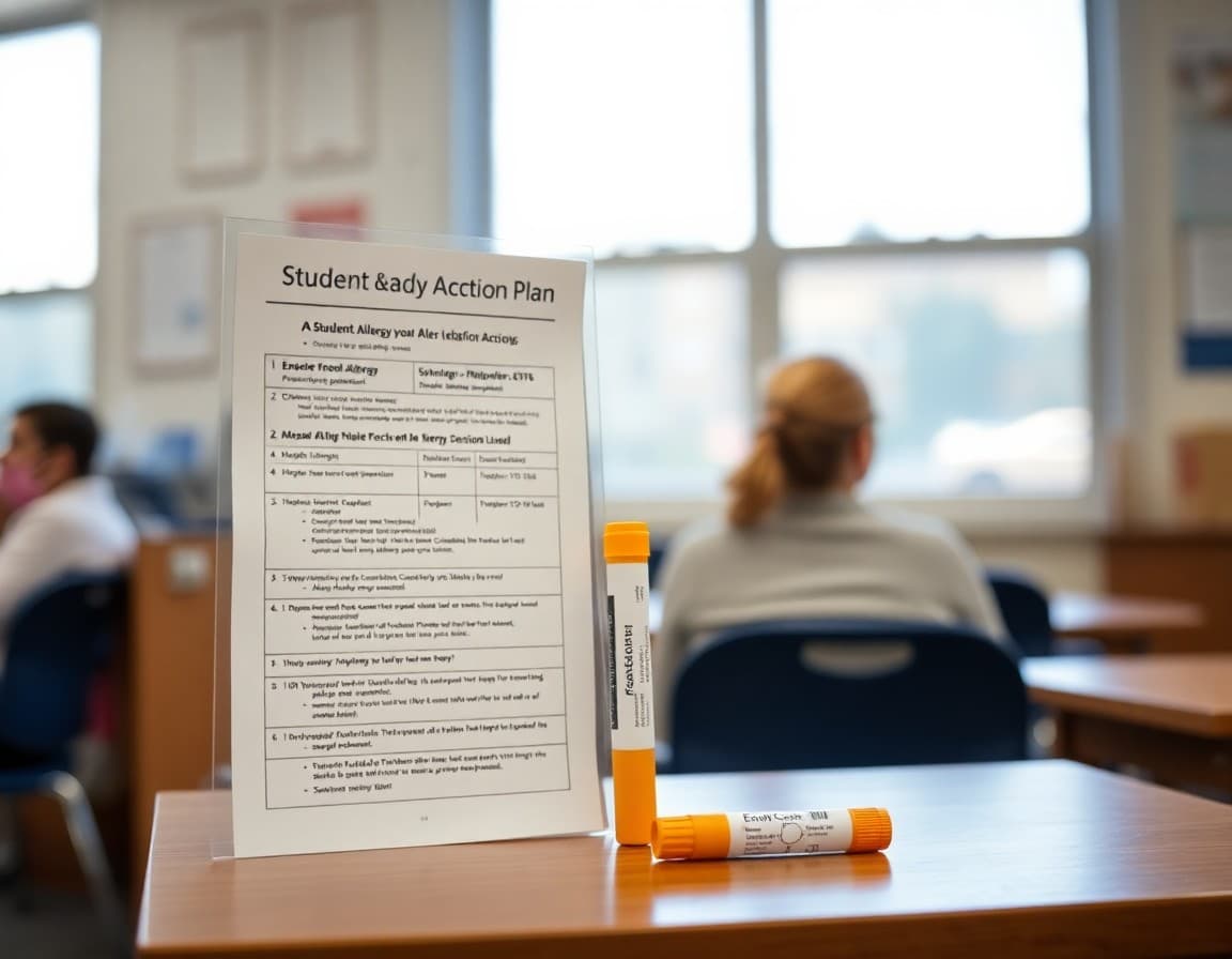 EpiPen kit displayed next to a student allergy action plan in a school nurse office