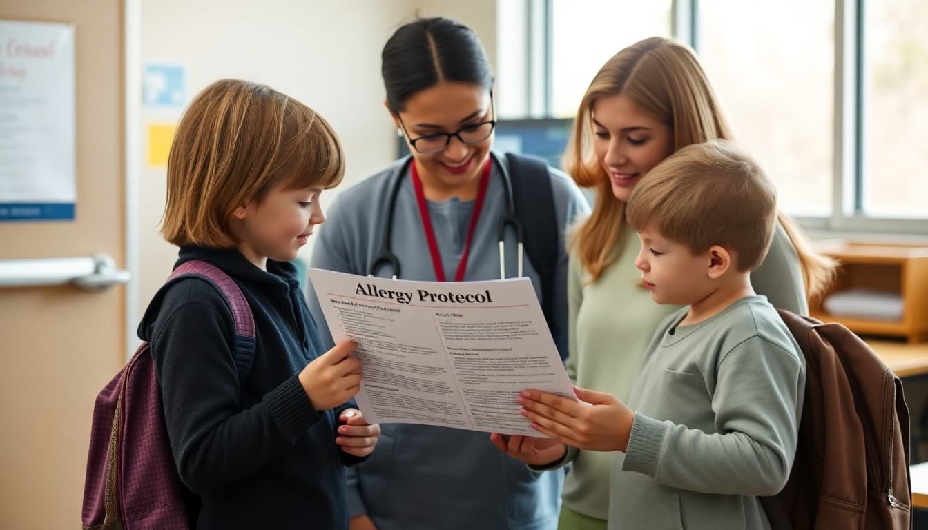 School nurse reviewing allergy protocol newsletter with a parent and student at school start