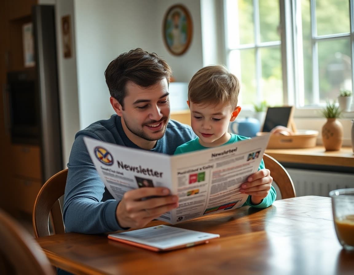 Parent and child reading back to school newsletter together at kitchen table