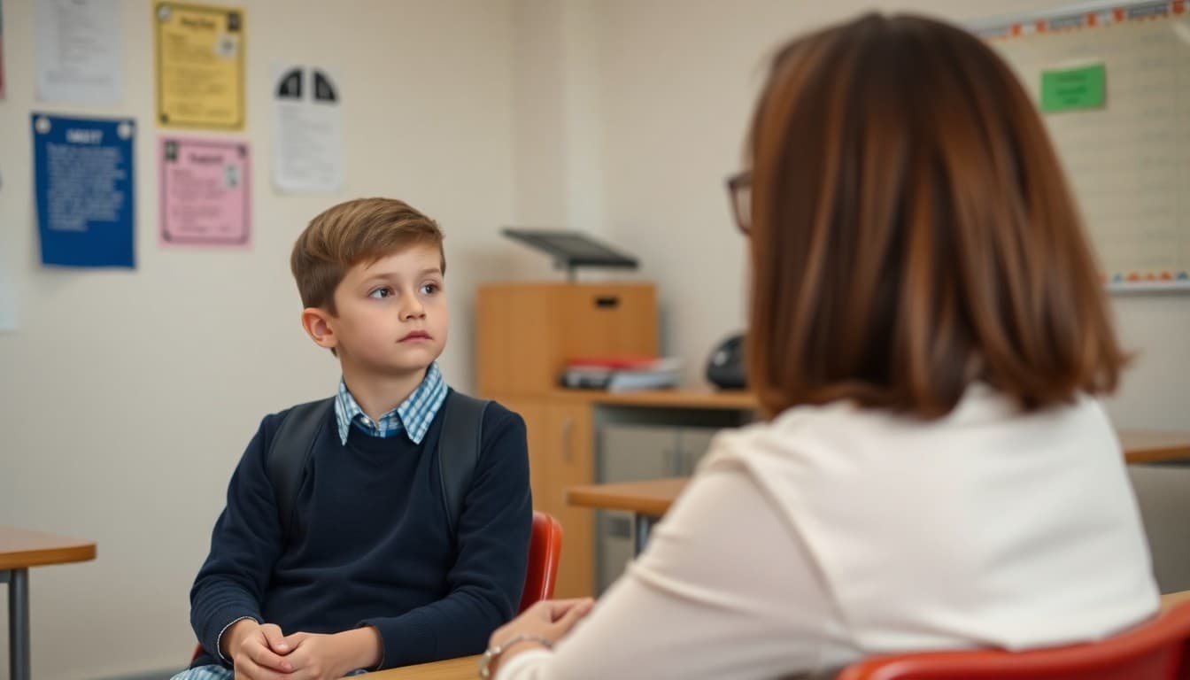 School counselor sitting with nervous student in calm office before first day of school