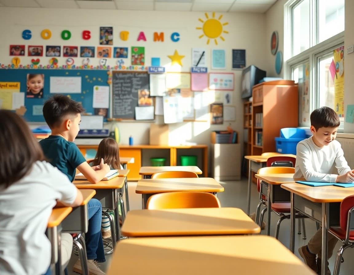 Bright elementary classroom decorated and organized for the first day of school