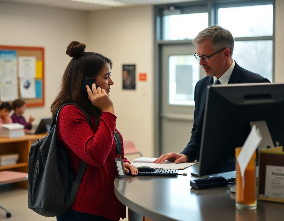 Parent on phone with school secretary at front desk during back to school enrollment week