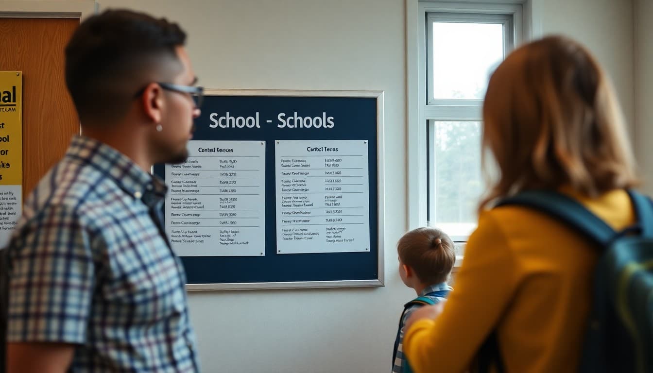 School front office posting contact information on bulletin board for new families at year start