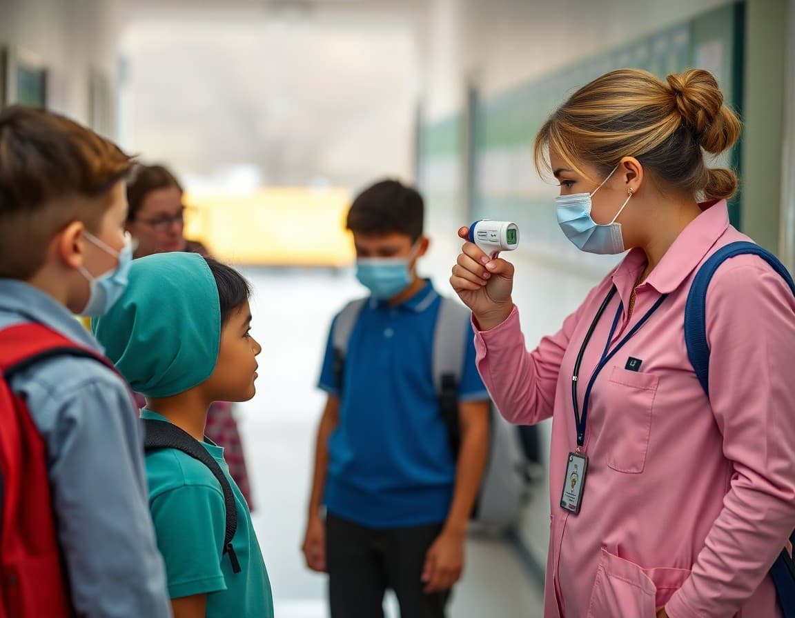 School nurse checking student temperature at entrance during health screening at school start