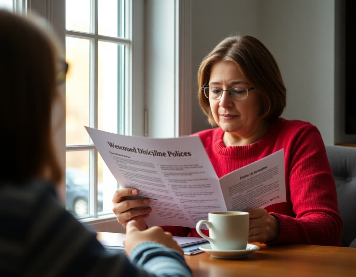 Parent reading school discipline policy newsletter at home with coffee