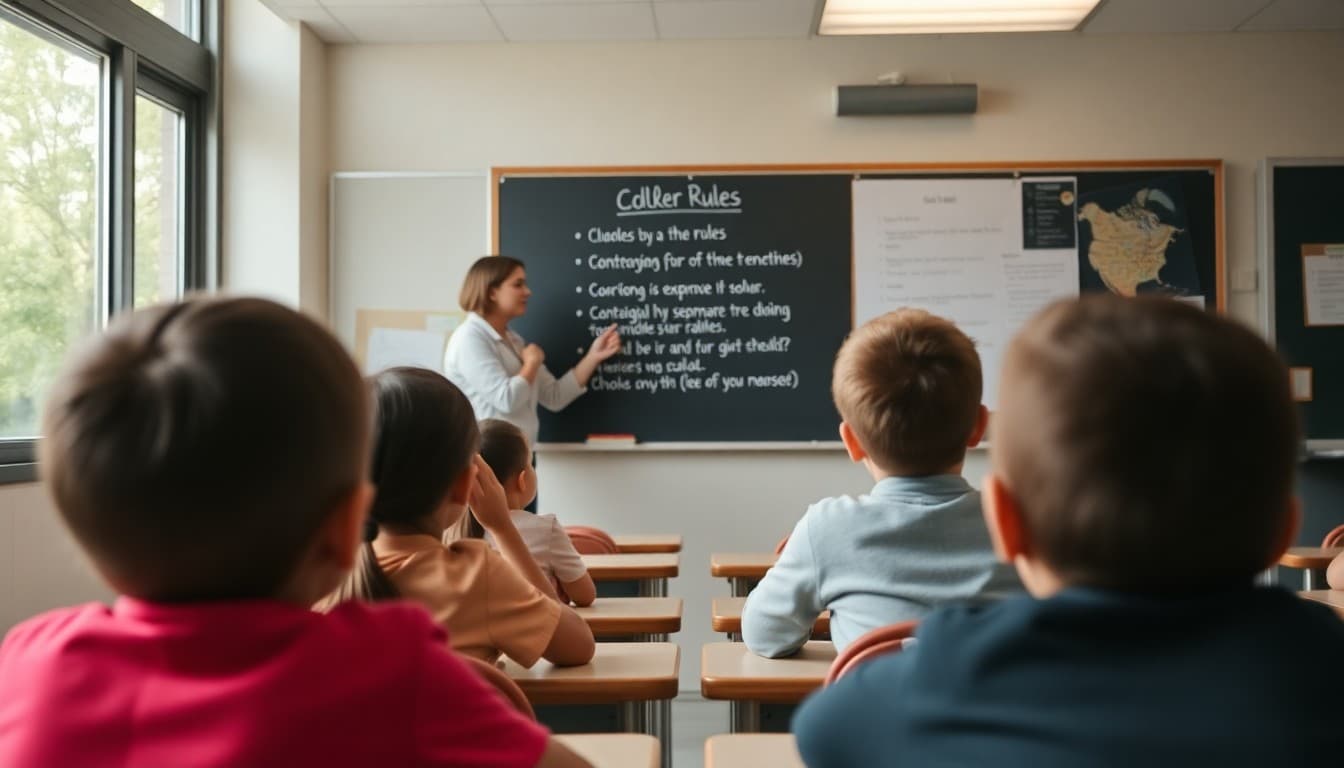 Teacher posting classroom rules on board while students listen on first day of school