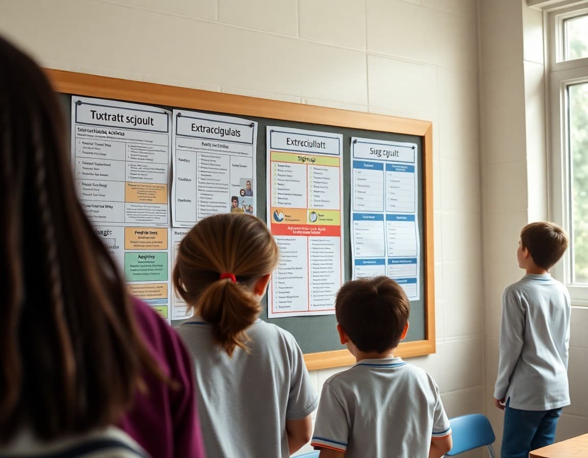 School bulletin board showing extracurricular activities flyers and signup sheets