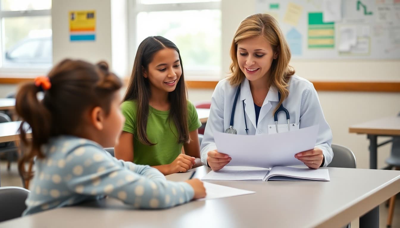 School nurse reviewing back to school immunization requirements and health forms at a clinic table