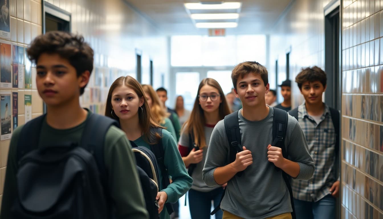 Freshman students nervously navigating their first day of high school hallways with backpacks