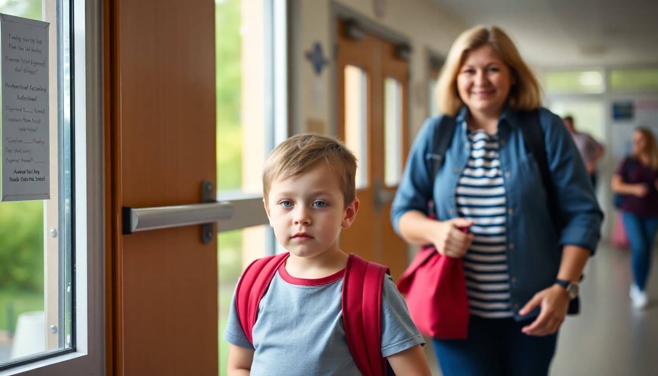 Nervous kindergartner arriving at school on first day of school with supportive parent smiling