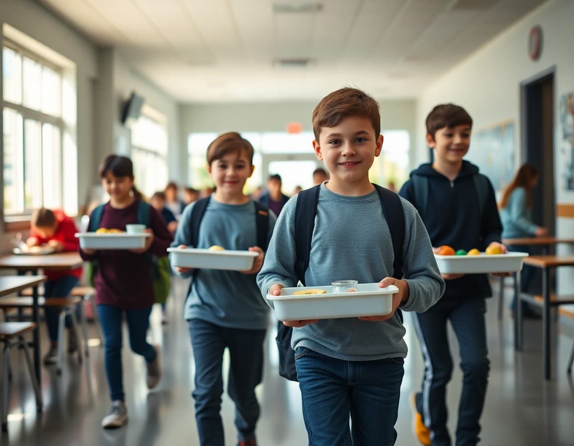 Students carrying lunch trays through a bright school cafeteria at midday