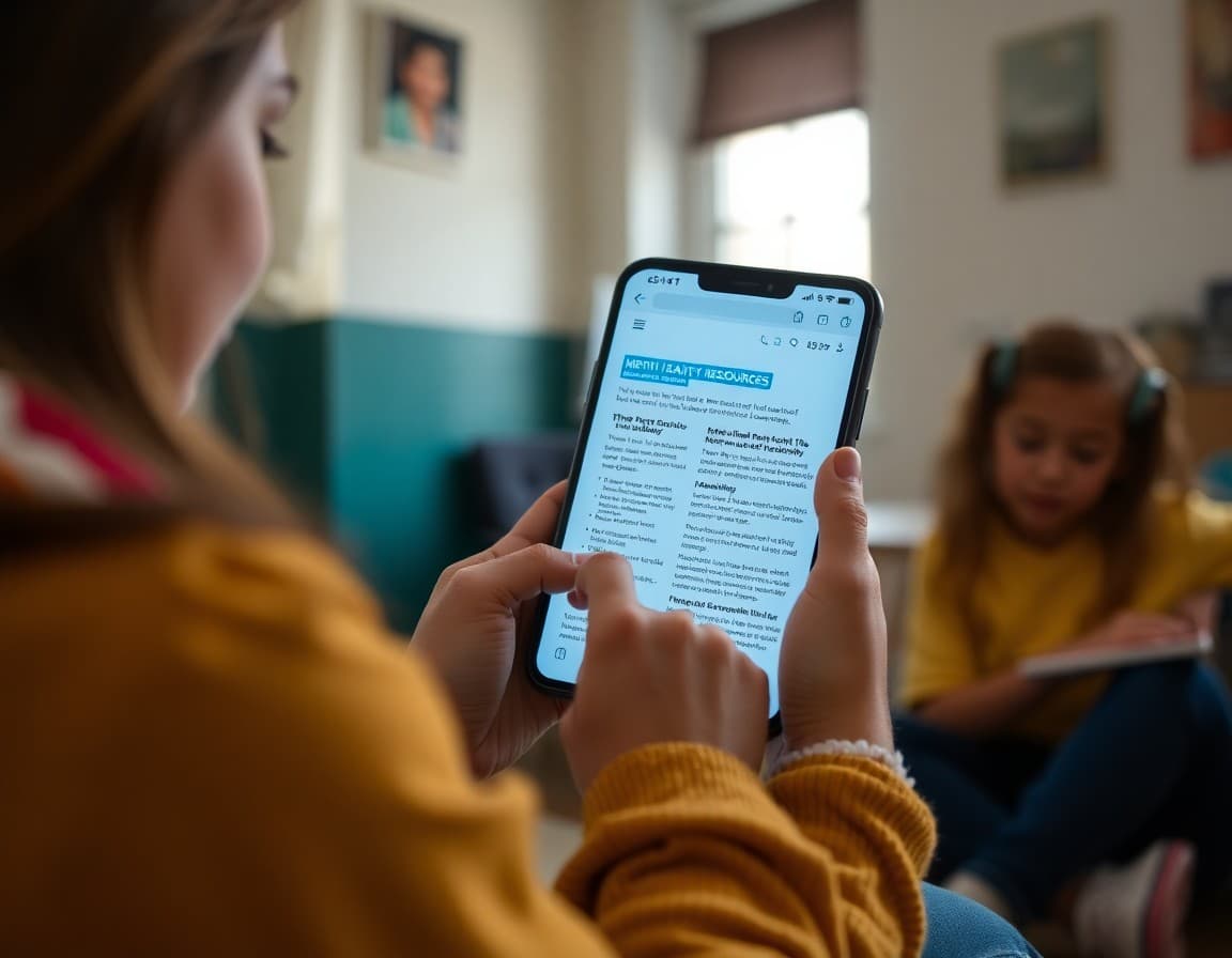 Parent reading school mental health resources newsletter on phone at home