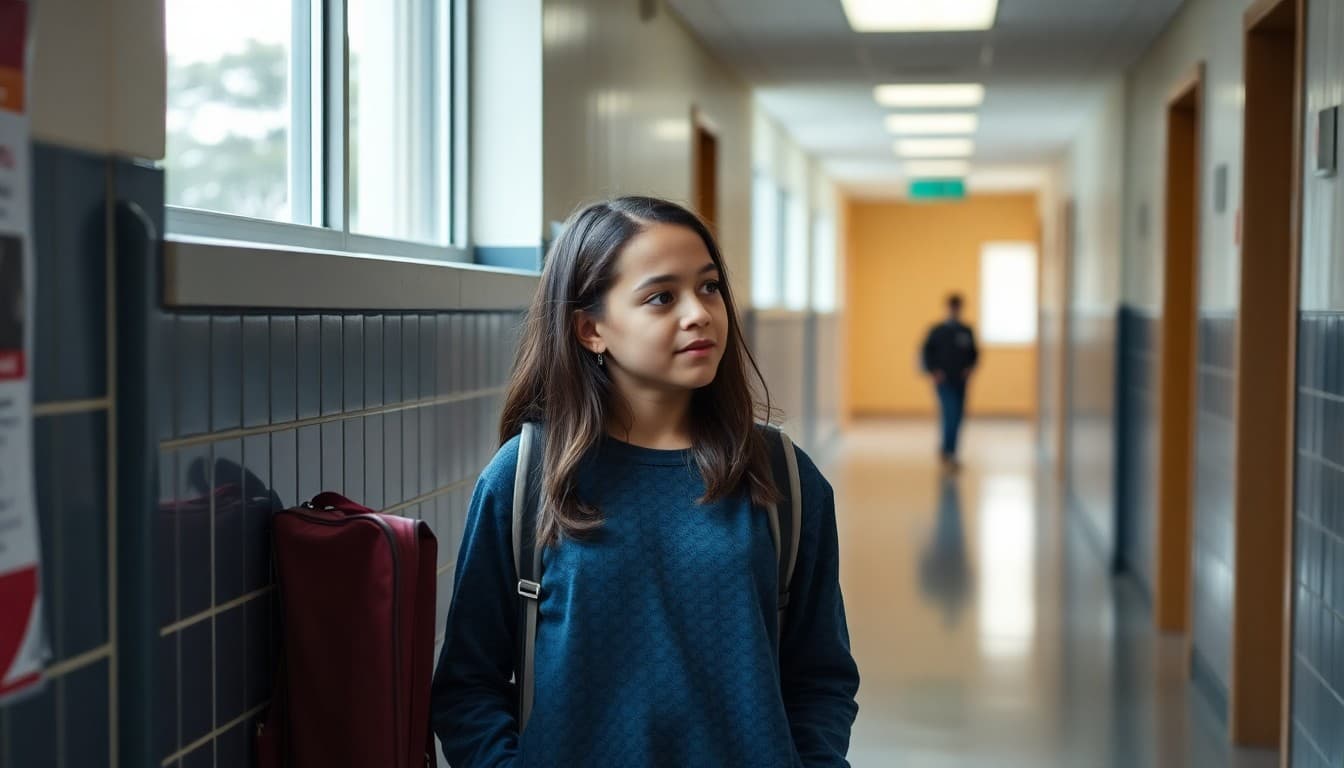 School counselor and student having calm conversation in school hallway at start of year