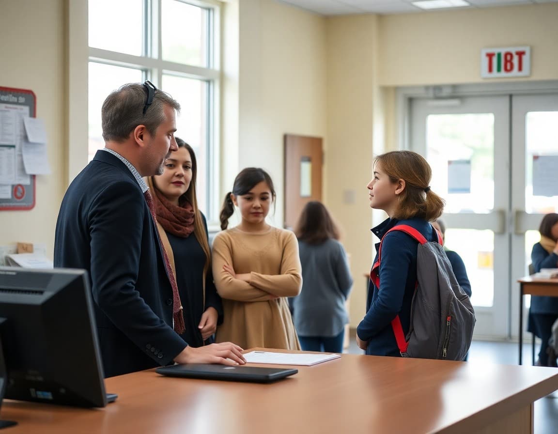New family meeting with school secretary at front office desk during enrollment week
