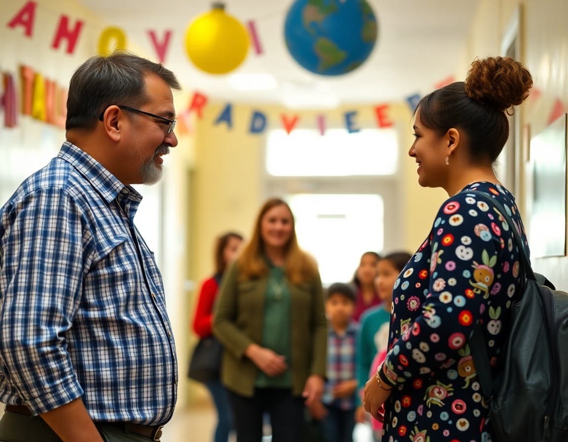 Principal welcoming families at back-to-school orientation in a decorated school hallway