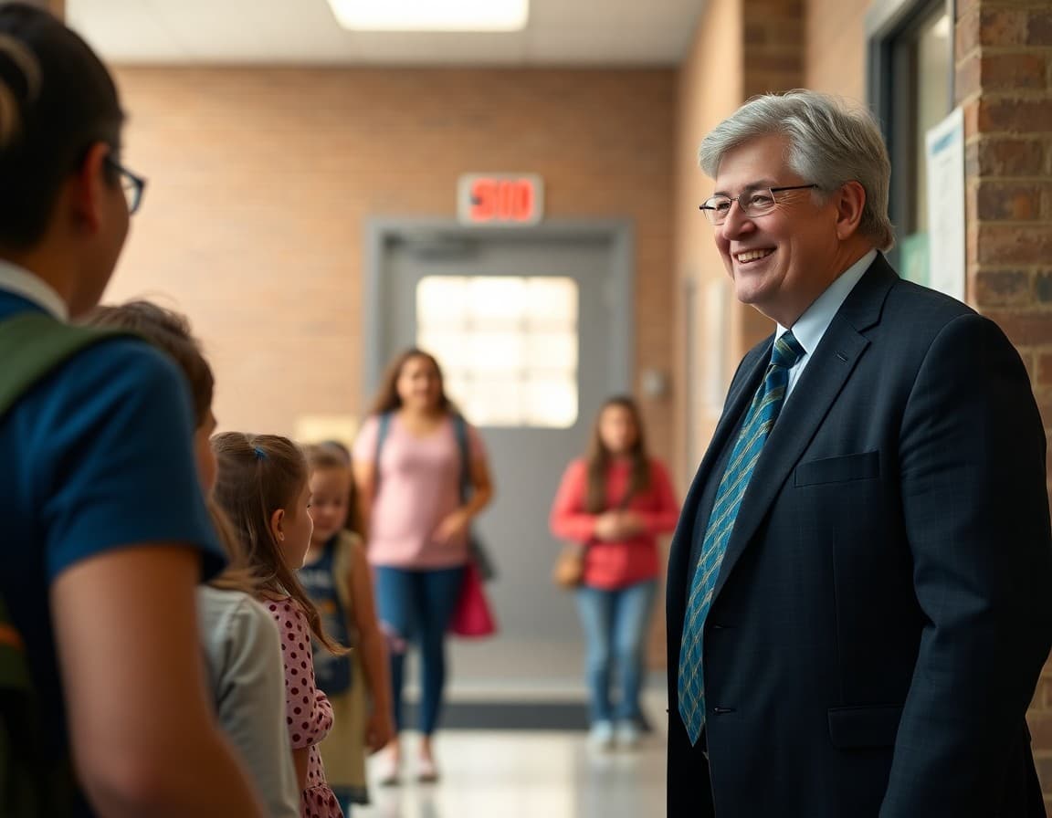 Principal greeting students and families with a warm smile at the school entrance on the first day
