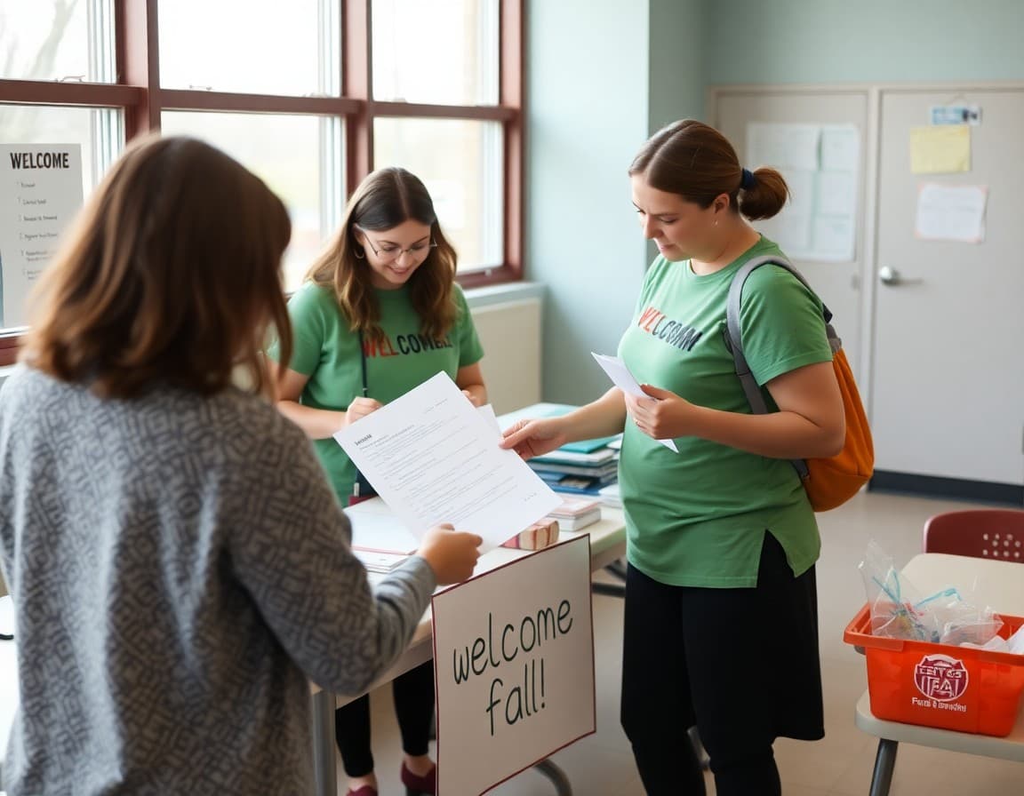 PTA volunteers setting up a welcome table with sign-up sheets at a school fall fundraiser event